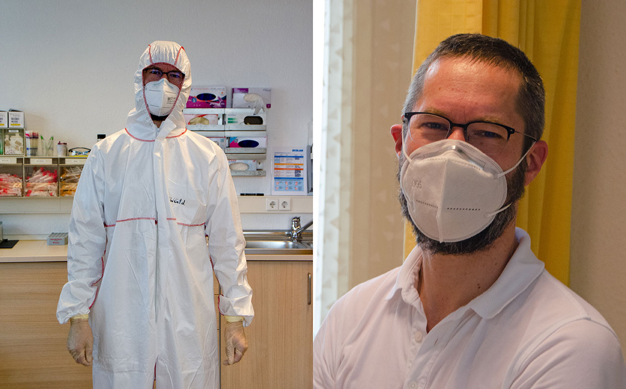 Die zweigeteilte Fotocollage zeigt Stephan Grunwald, Arzt im Zentrum für Infektiologie in Berlin. Auf der linken Hälfte der Collage trägt er einen weißen Schutzanzug und eine FFP2-Maske, auf der rechten trägt er ein weißes Hemd und eine FFP2-Maske.
