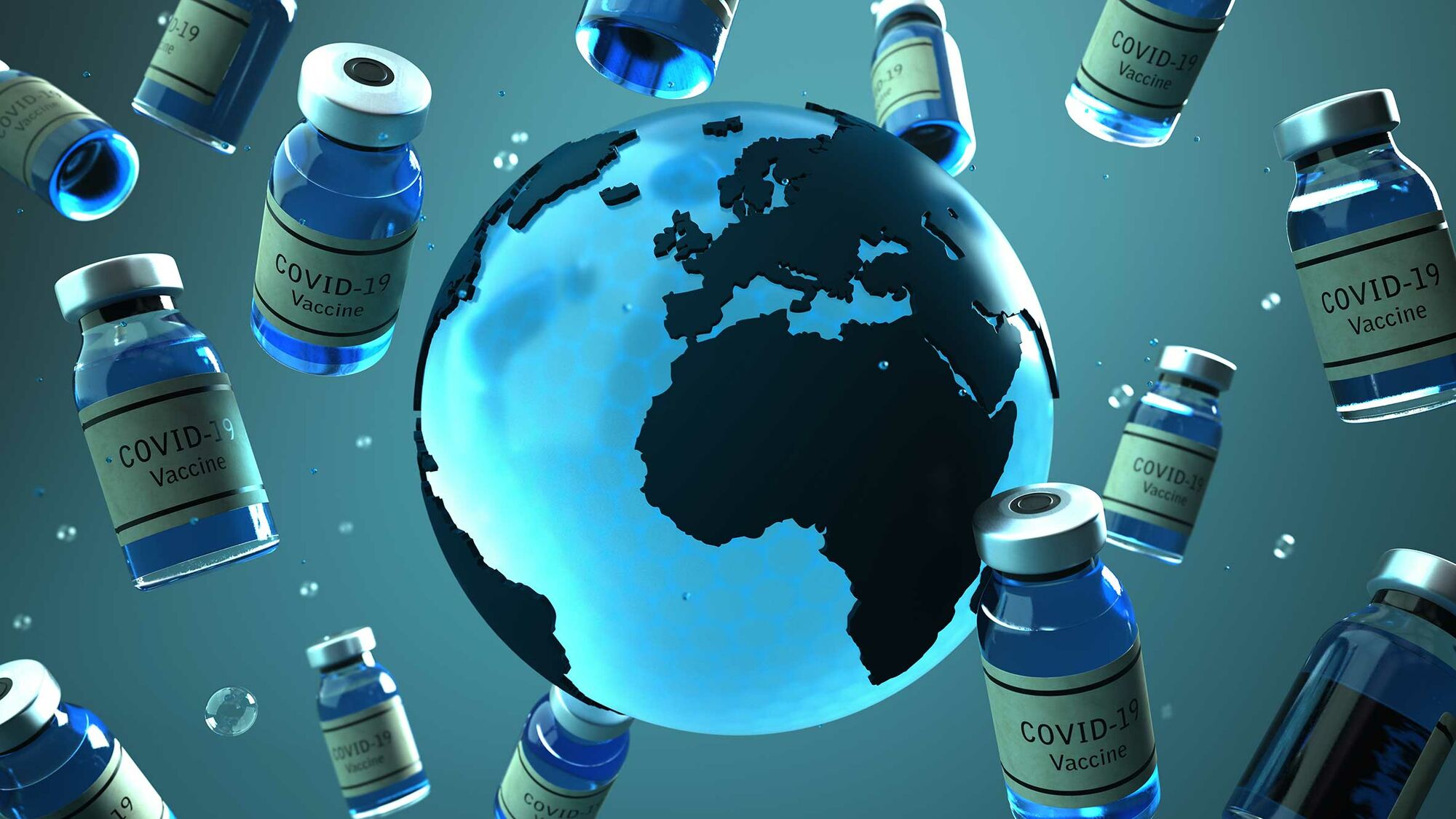 Das Symbolbild ist eine Illustration der Erdkugel, um die zahlreiche Ampullen mit der Aufschrift „COVID-19 Vaccine“ kreisen.