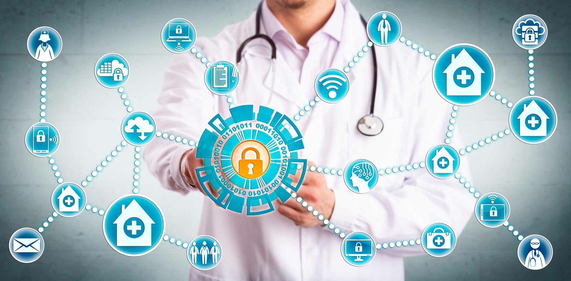 Das Foto zeigt einen Arzt hinter einem Netz aus Symbolen, die das Thema Datenschutz veranschaulichen sollen.