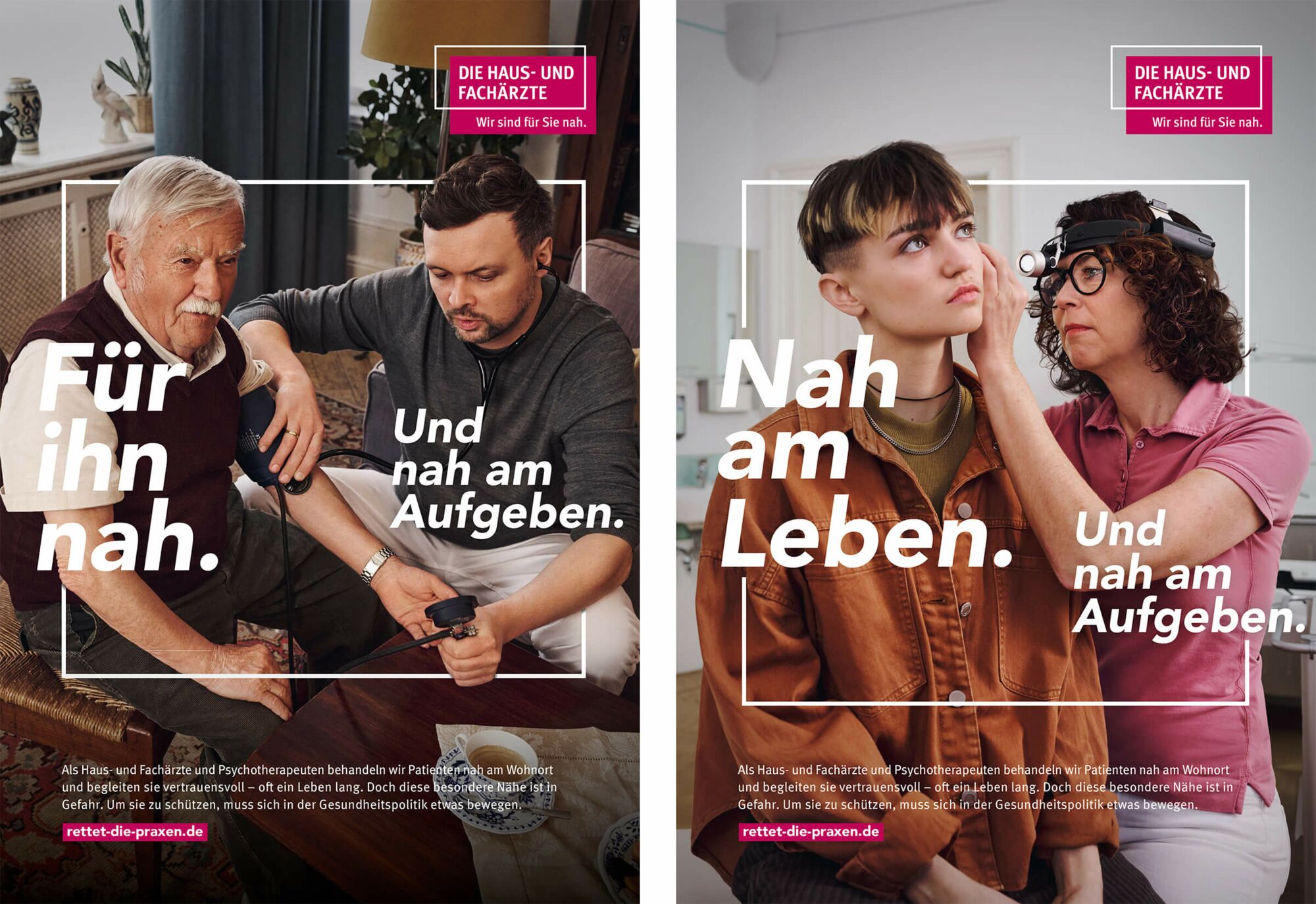 Zwei Anzeigen-Motive aus der KBV Kampagne "Wir sind für sie nah."